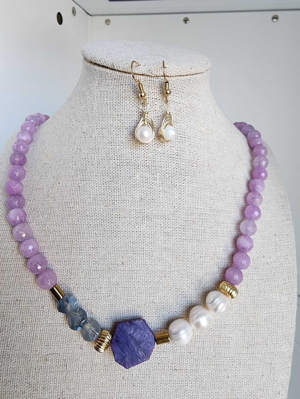 Amethyst Pearl Charoite Gemstone Necklace Set Gold Tone Adjustable 18-22"